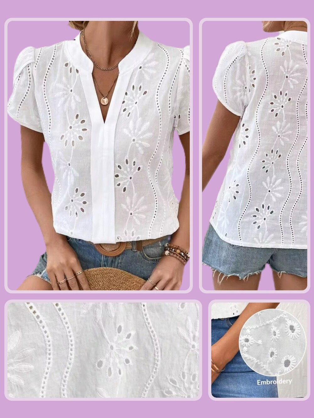 Embroidered Eyelet Puff Sleeve Blouse
